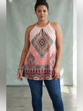 Boston Proper Paisley Print Halter Top Chain Detail Large